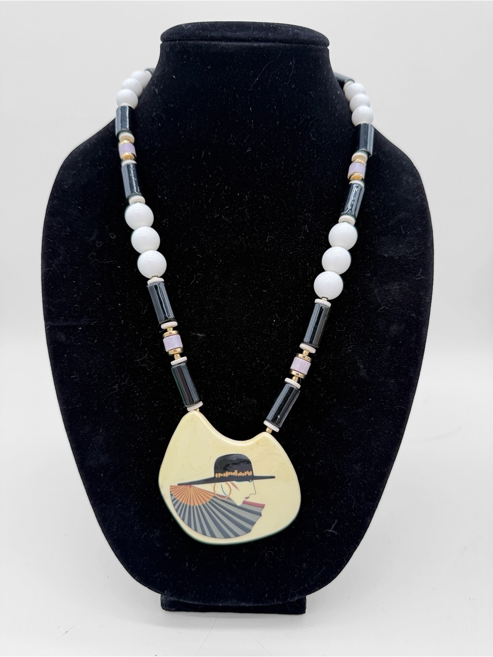 Vintage Japan Art Deco Revival 80s Chunky Statement Necklace Ceramic & Lucite - Picture 1 of 10